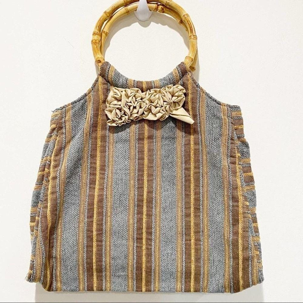 Vintage JENNIFER TAYLOR tapestry bamboo handbag boho‎ dainty feminine retro